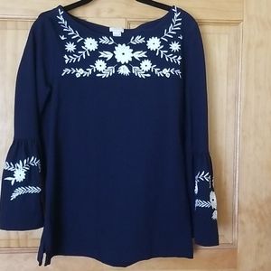 J Crew navy embroidered knit top